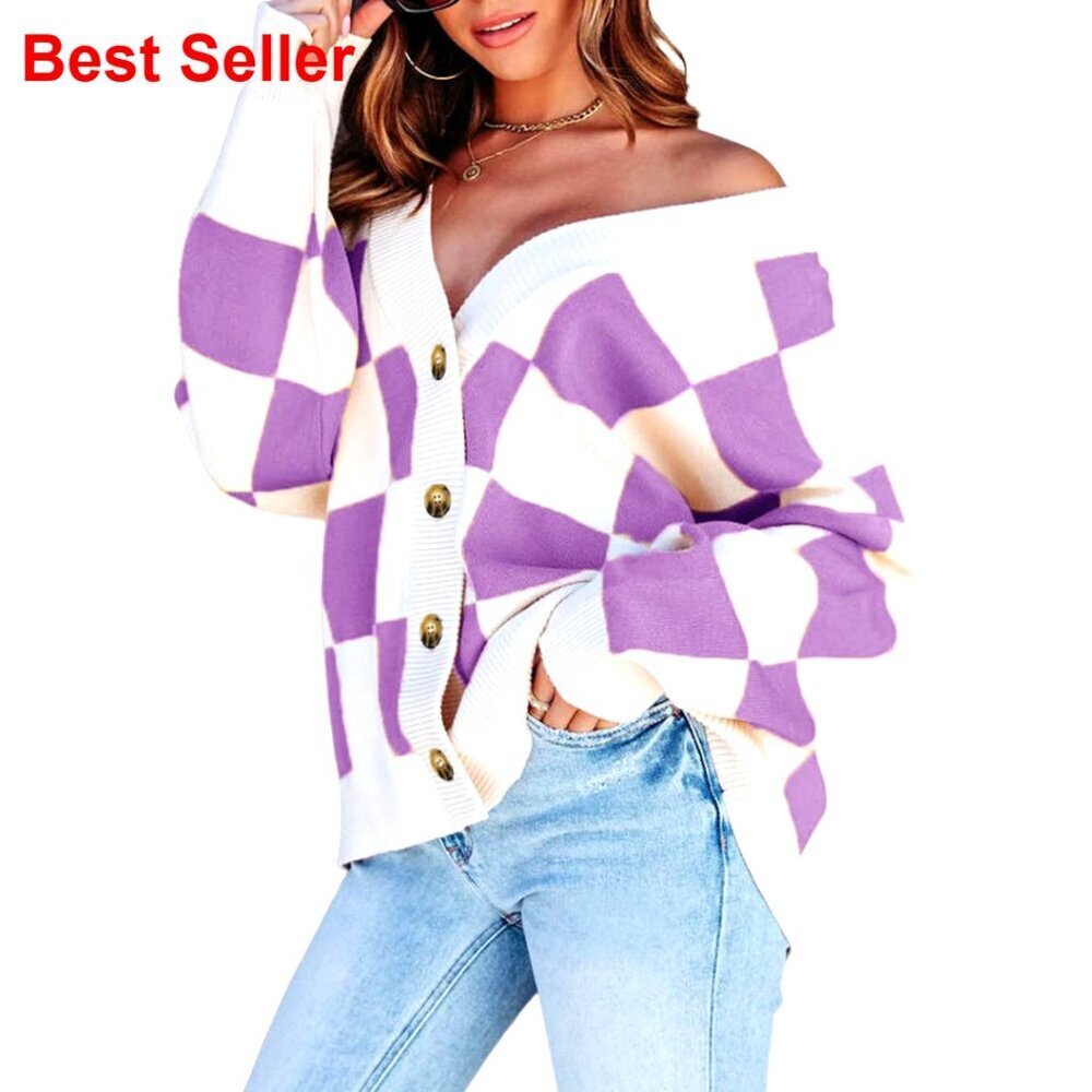 Oversized Cable Knit Cardigan, Plaid V-Neck Button Down Long Sleeve